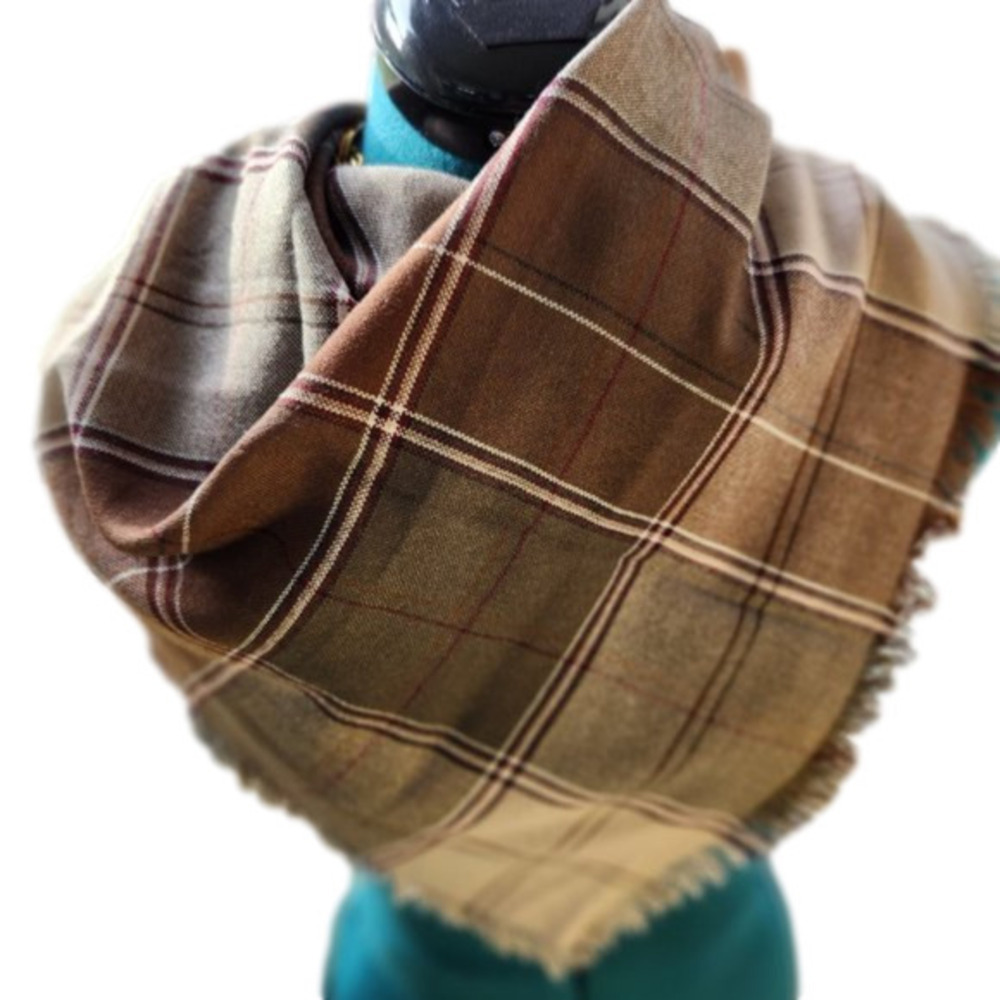 P120.  Shades of Brown Plaid Square Wool Blend Scarf